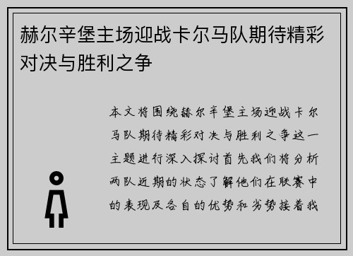 赫尔辛堡主场迎战卡尔马队期待精彩对决与胜利之争